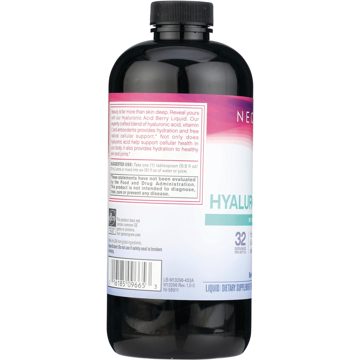 NEC010 | back label of dark plastic supplement bottle showing directions, barcode, and partial HYALUR text