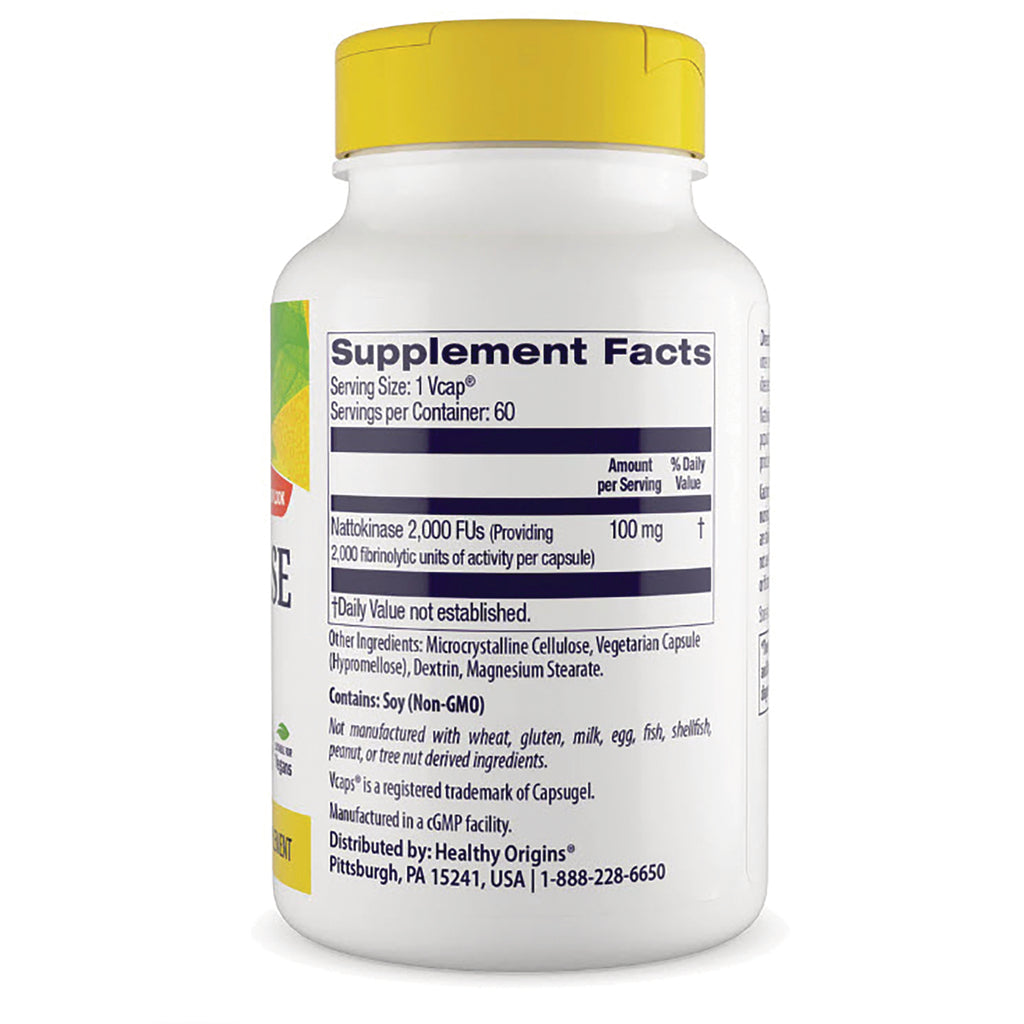 HRG030 | bottle back showing Supplement Facts and ingredients listing for nattokinase 100 mg, 60 servings - Thumbnail