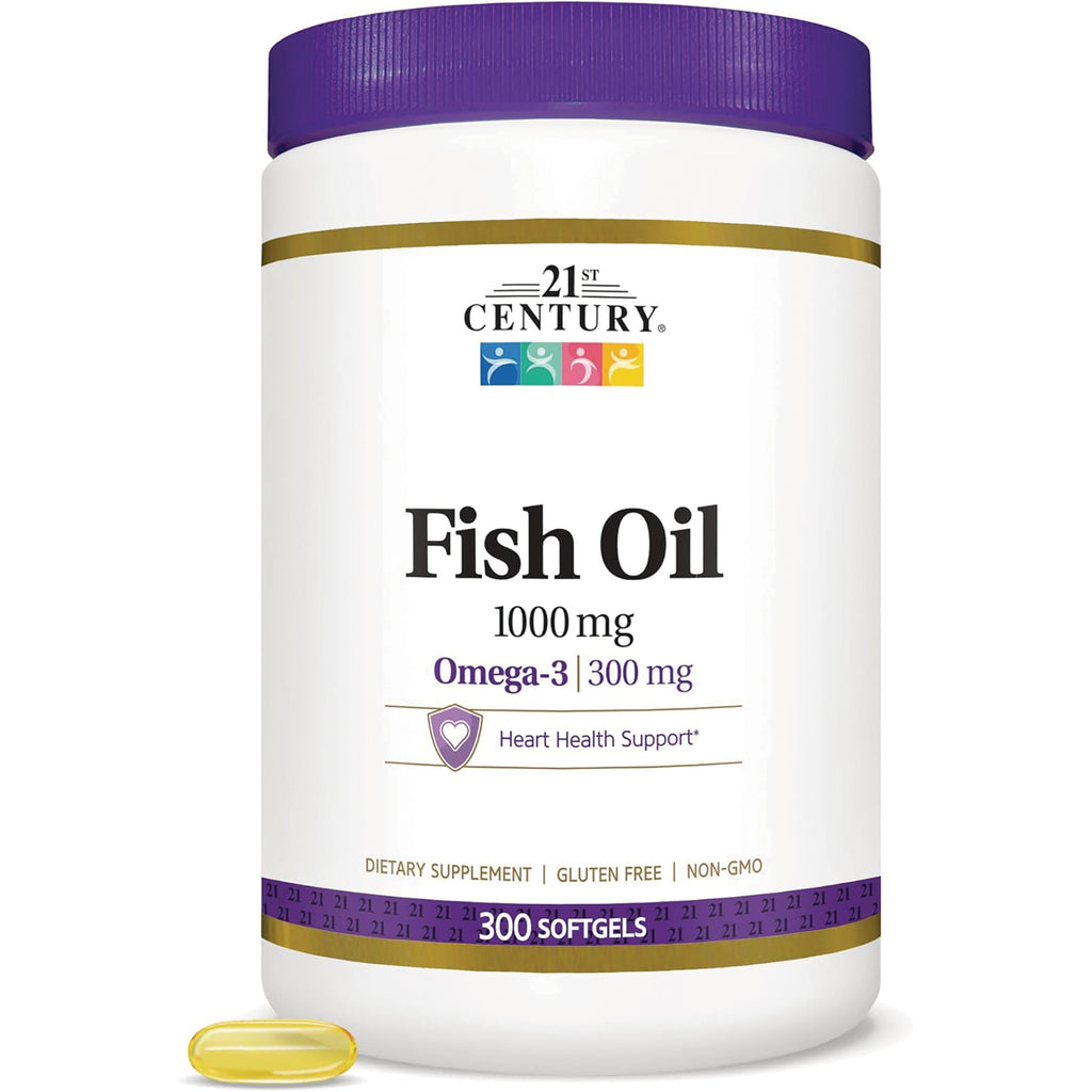 CNT114 | 21st Century Fish Oil 1000 mg bottle labeled Omega-3 300 mg and 300 softgels with one yellow softgel - Thumbnail