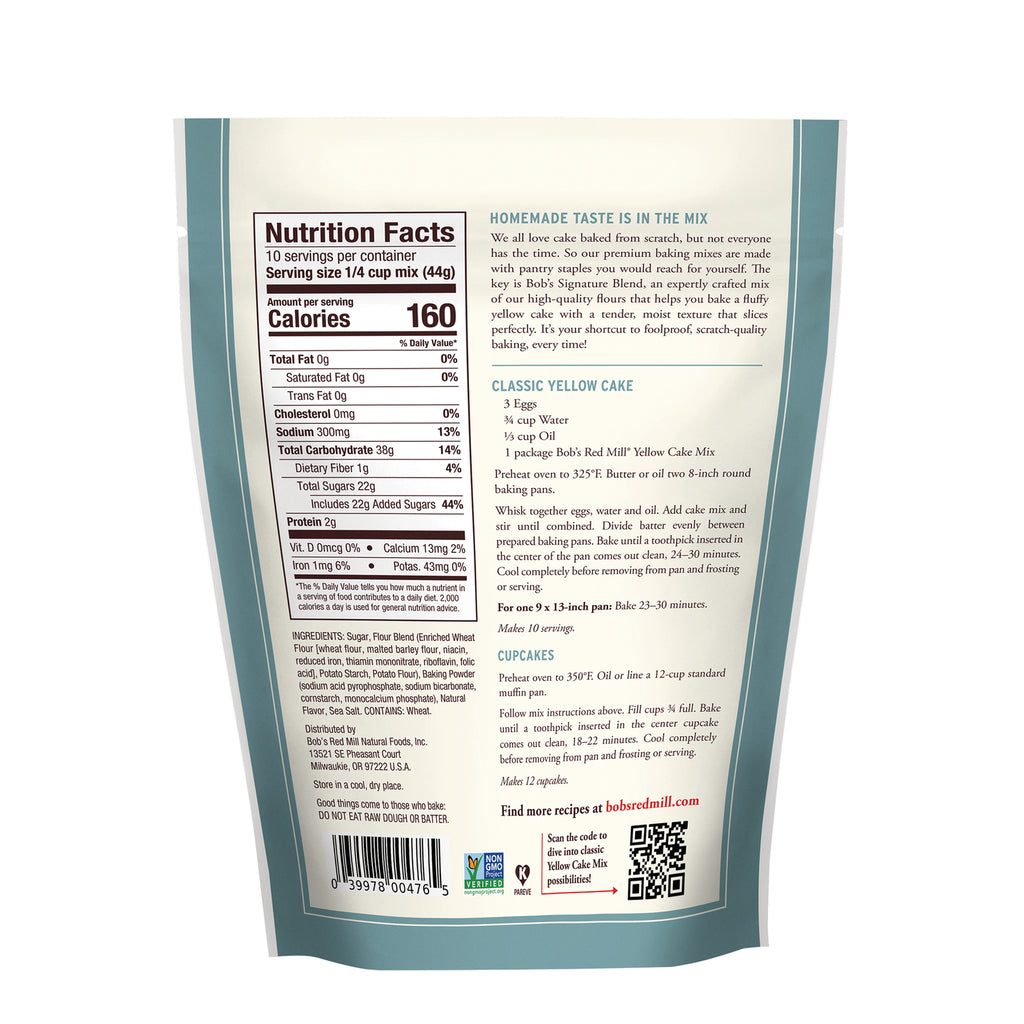 BOB481 | back of cake mix pouch showing nutrition facts, ingredients and classic yellow cake recipe - Thumbnail
