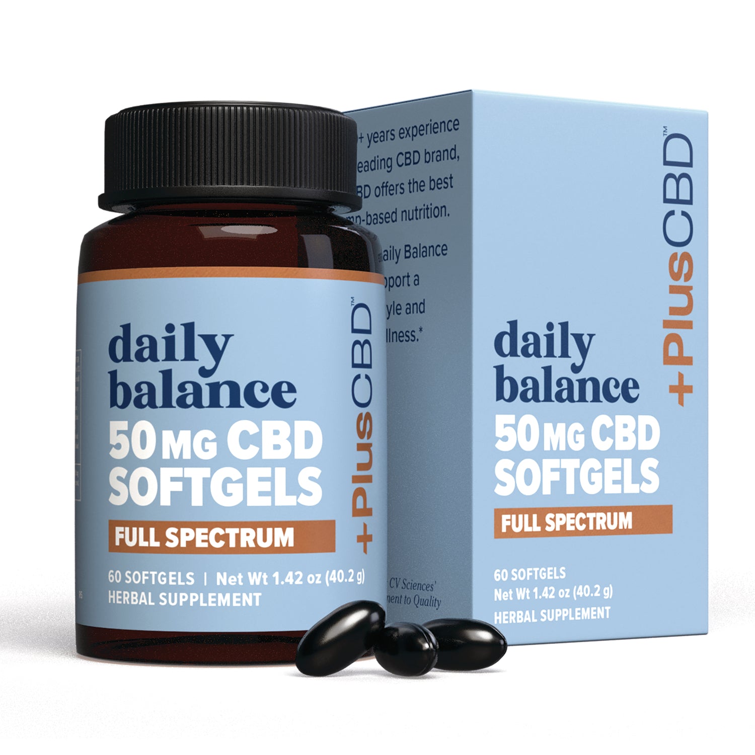 Daily Balance 50 MG CBD softgels bottle and box labeled FULL SPECTRUM with three black softgels in front