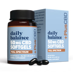 Daily Balance 50 MG CBD softgels bottle and box labeled FULL SPECTRUM with three black softgels in front