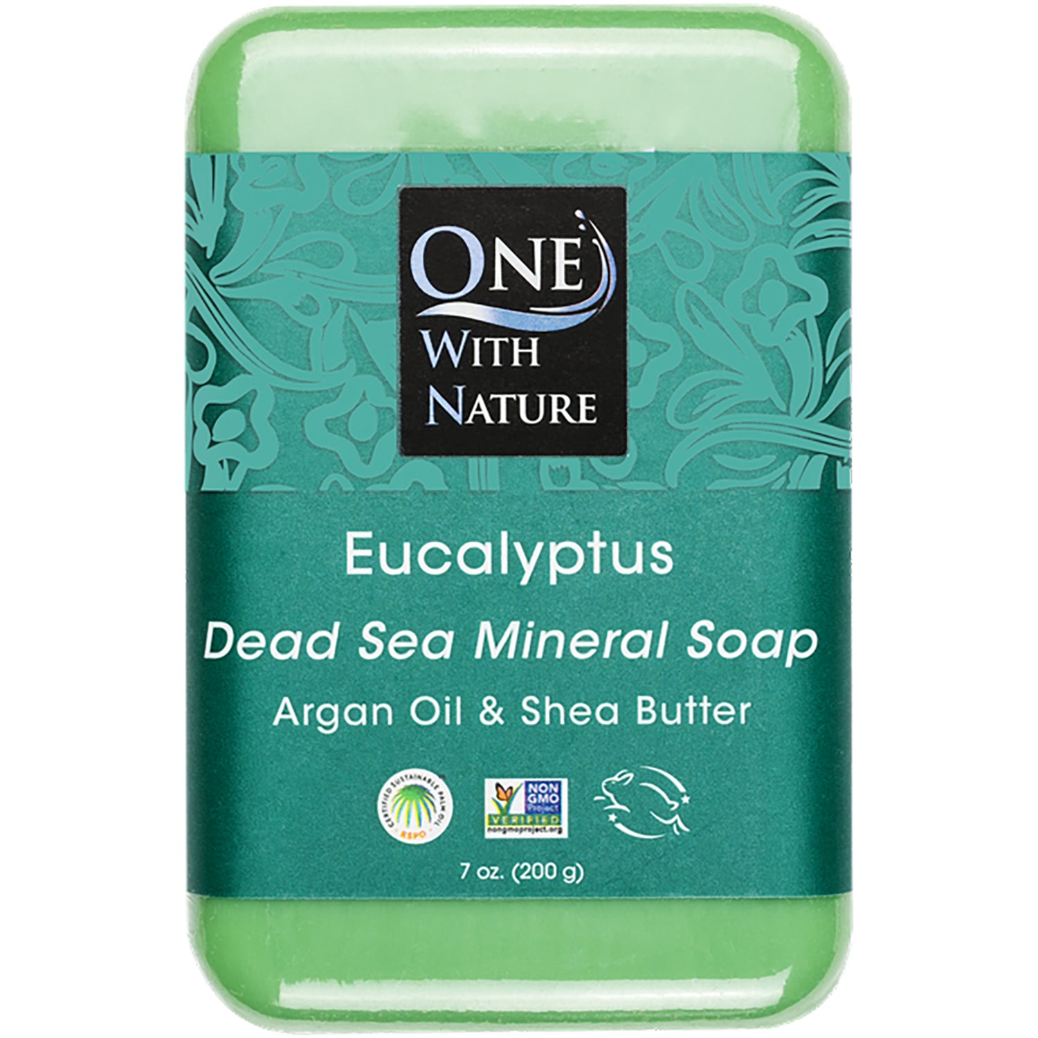 OWN017 | One With Nature eucalyptus triple milled soap bar front packaging with Dead Sea Minerals label