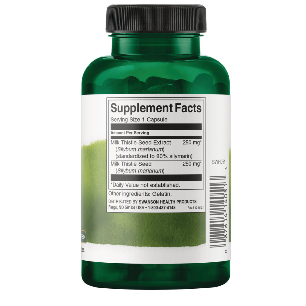 SWH051 | Back label showing Supplement Facts: Milk Thistle 250 mg, serving size 1 capsule - Thumbnail