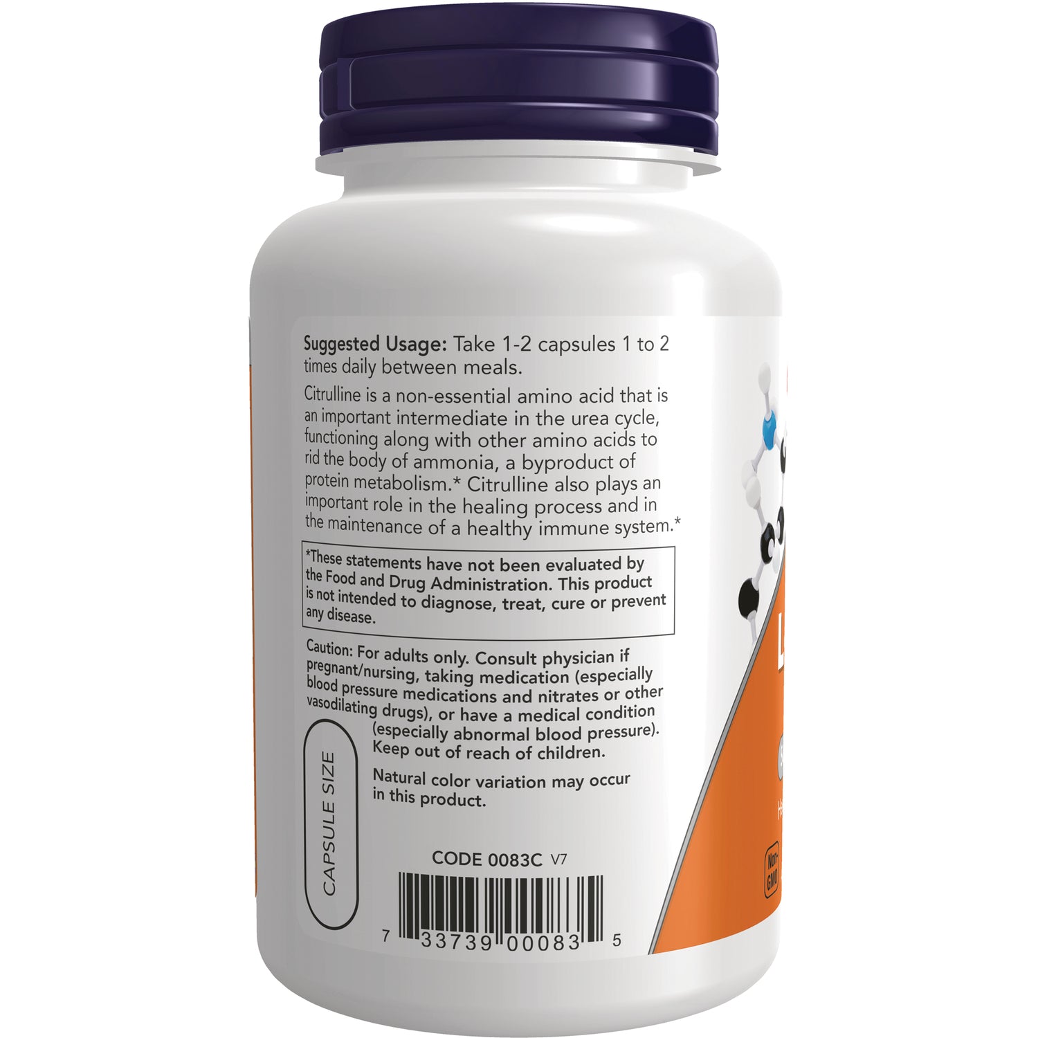 NWF169 | Back label of white supplement bottle showing suggested usage, caution text, barcode and capsule size