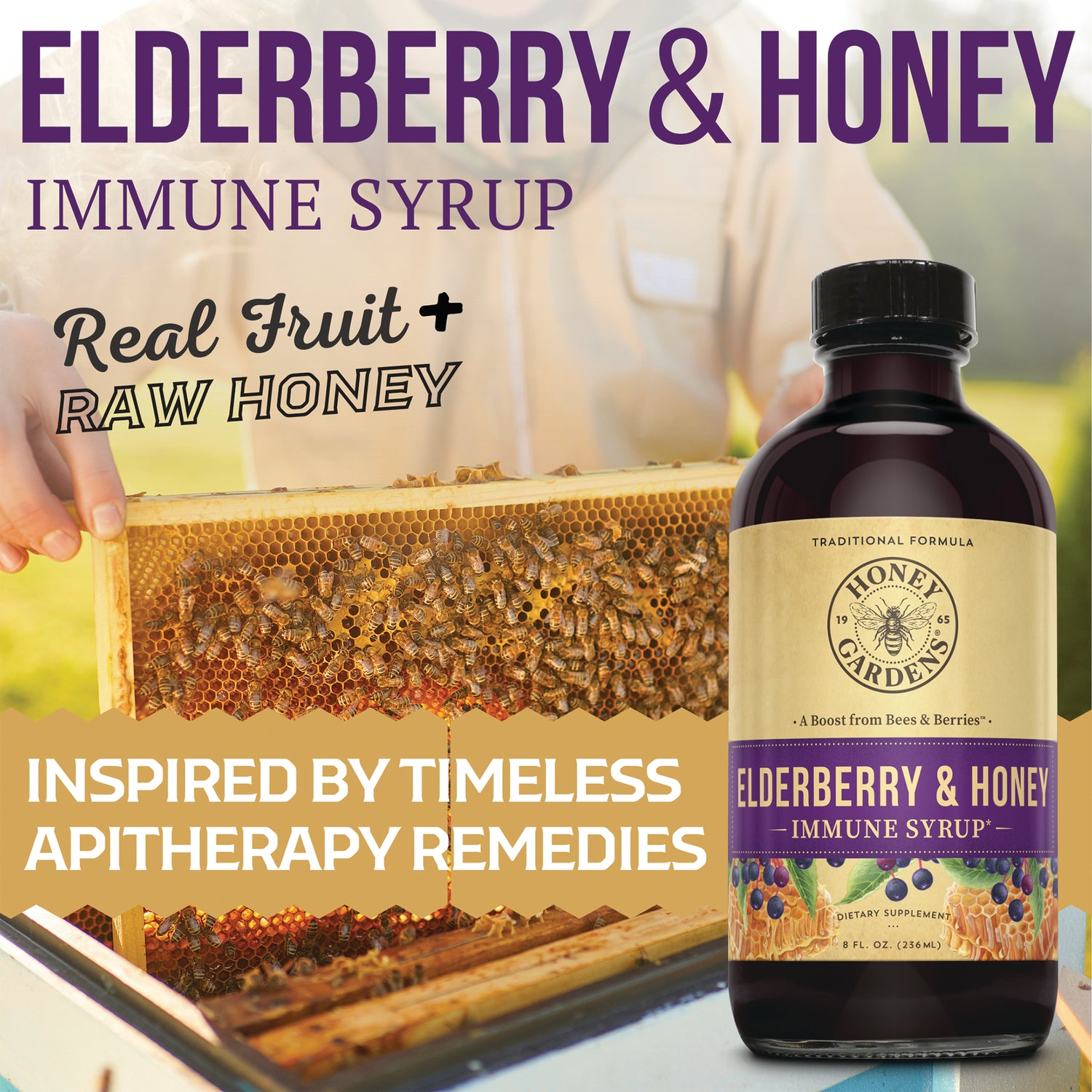 HGR004 | Elderberry & Honey immune syrup bottle beside honeycomb frame and beekeeper background