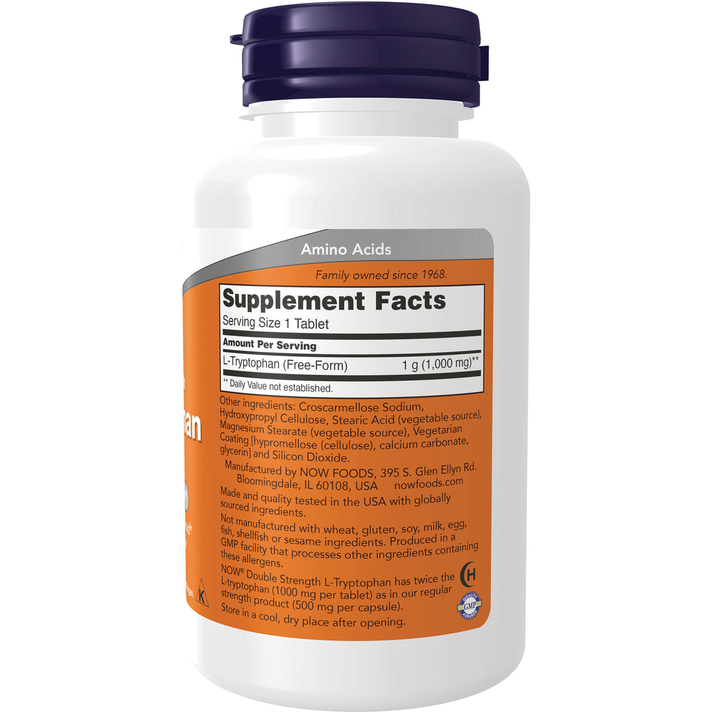 NWF253 | Back of white supplement bottle showing orange Supplement Facts panel listing L-Tryptophan 1 g and ingredients - Thumbnail
