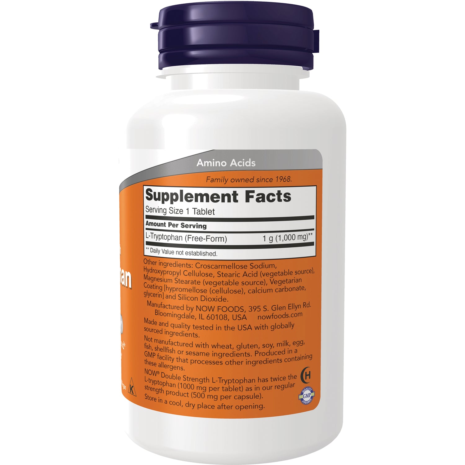 NWF253 | Back of white supplement bottle showing orange Supplement Facts panel listing L-Tryptophan 1 g and ingredients