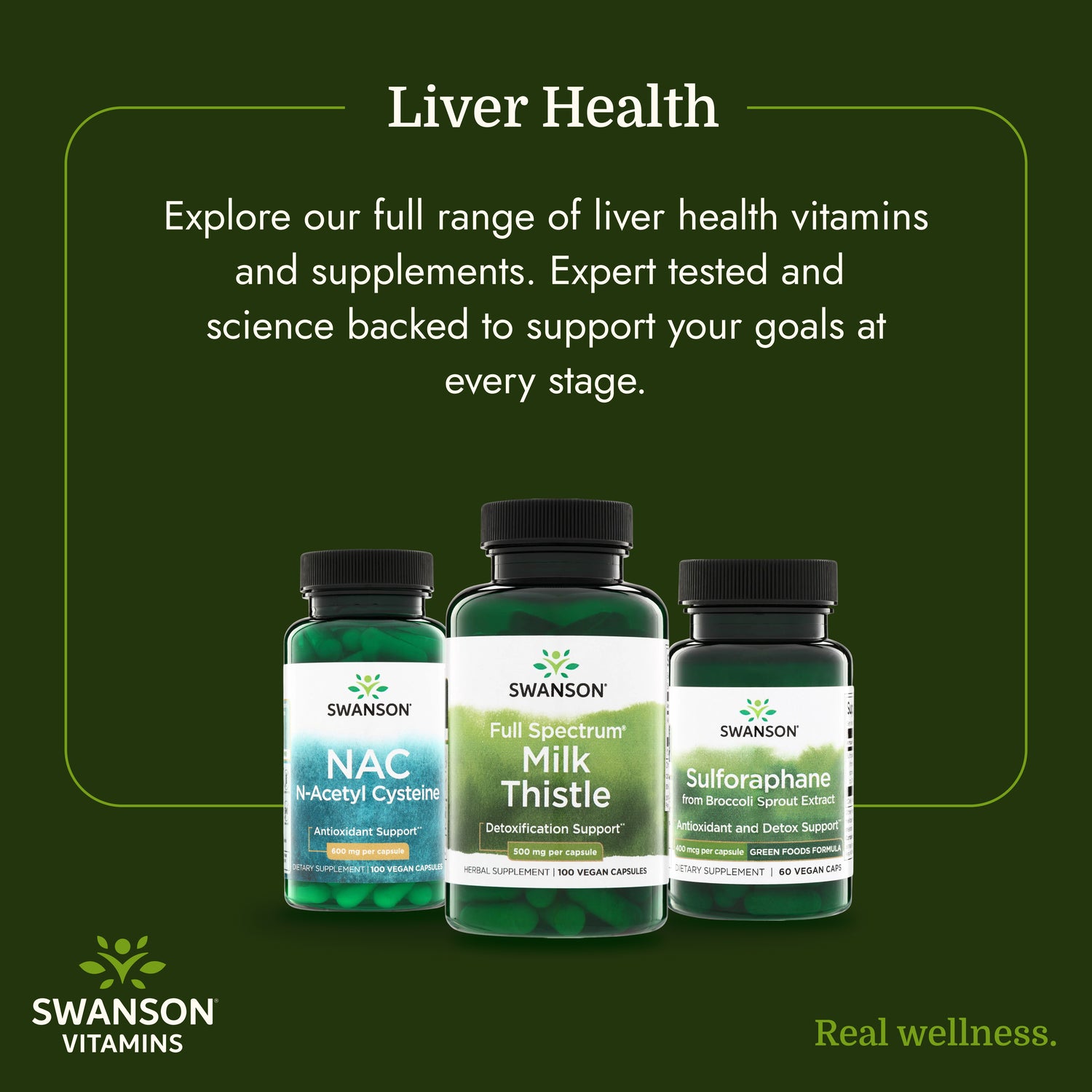 SW966 | Swanson liver health vitamins and supplements infographic with three product bottles