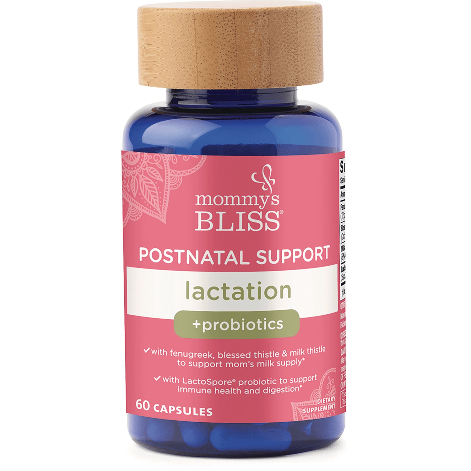 MMB008 | Mommy's Bliss Postnatal Support lactation +probiotics bottle, 60 capsules, pink label on blue jar with bamboo cap