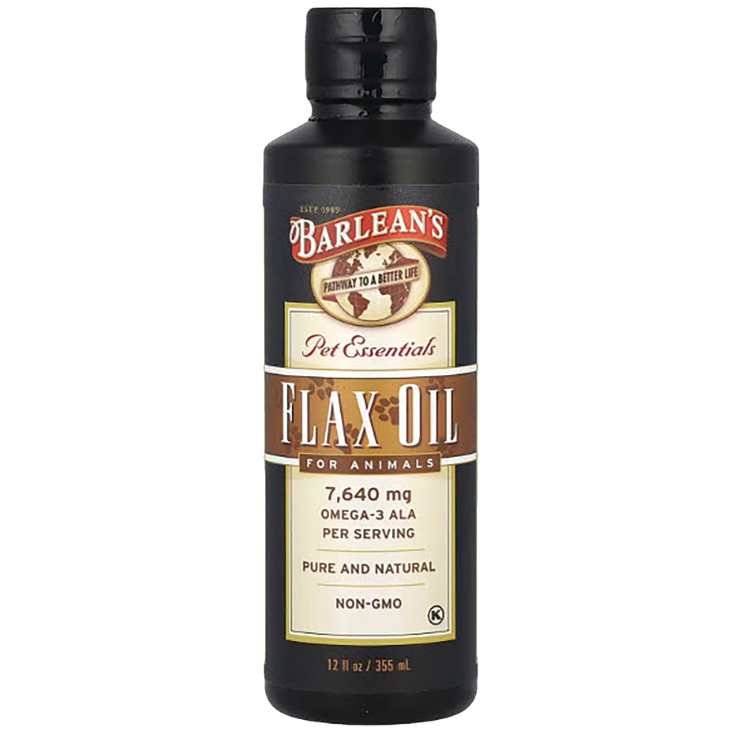 BAR019 | Barlean's Pet Essentials flax oil bottle 12 fl oz label shows 7,640 mg omega-3 ALA per serving, pure and non-GMO