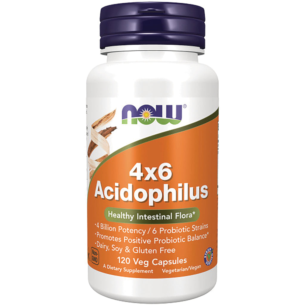 NWF720 | NOW 4x6 Acidophilus supplement bottle with orange label, 120 veg capsules - Thumbnail