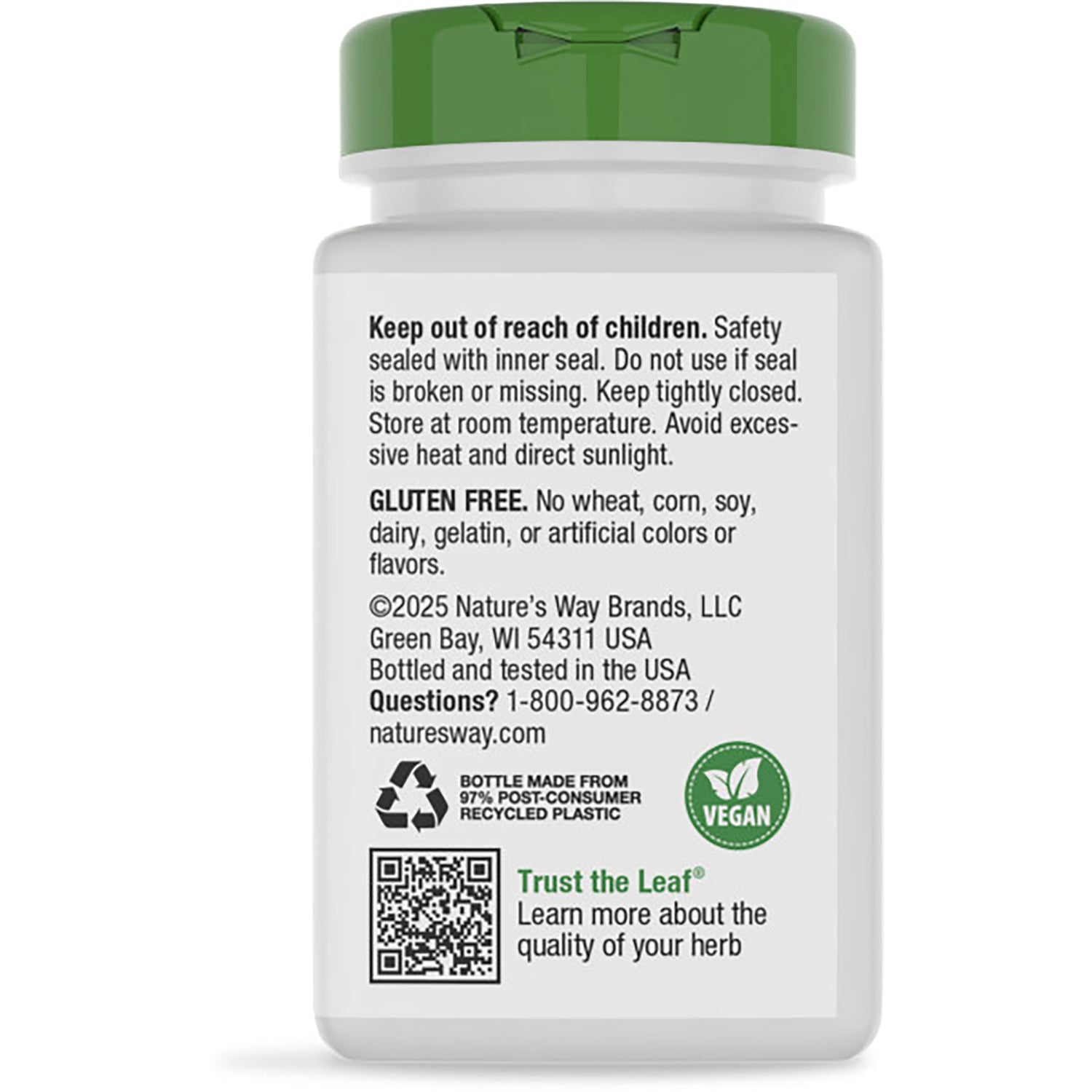 NW898 | Back of dark supplement bottle with green label reading Fights Fatigue, product info and barcode