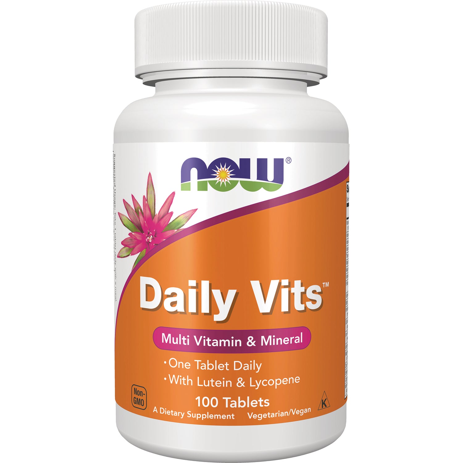 NWF1172 | NOW Daily Vits bottle, orange front label reading Multi Vitamin & Mineral 100 Tablets, white cap
