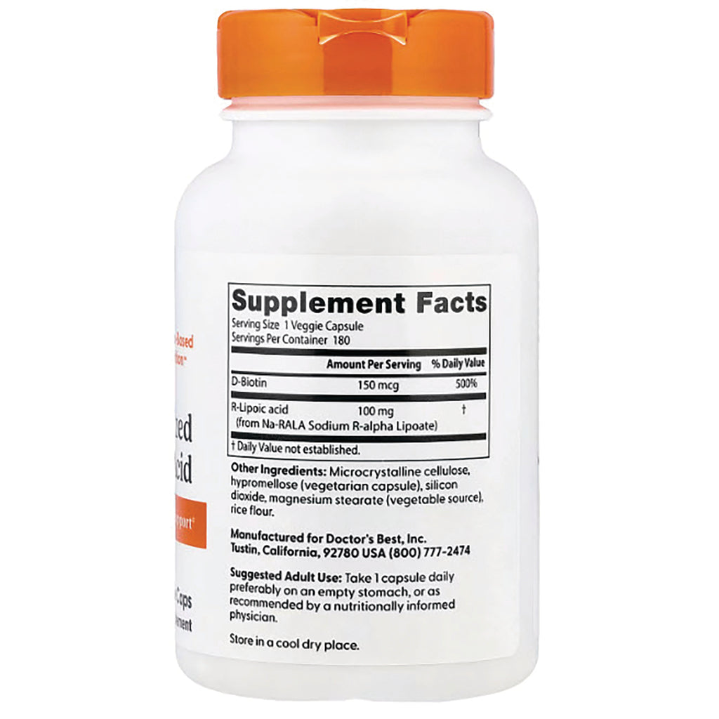 Supplement Facts label on white supplement bottle showing D-Biotin 150 mcg, R-Lipoic acid 100 mg and other ingredients - Thumbnail