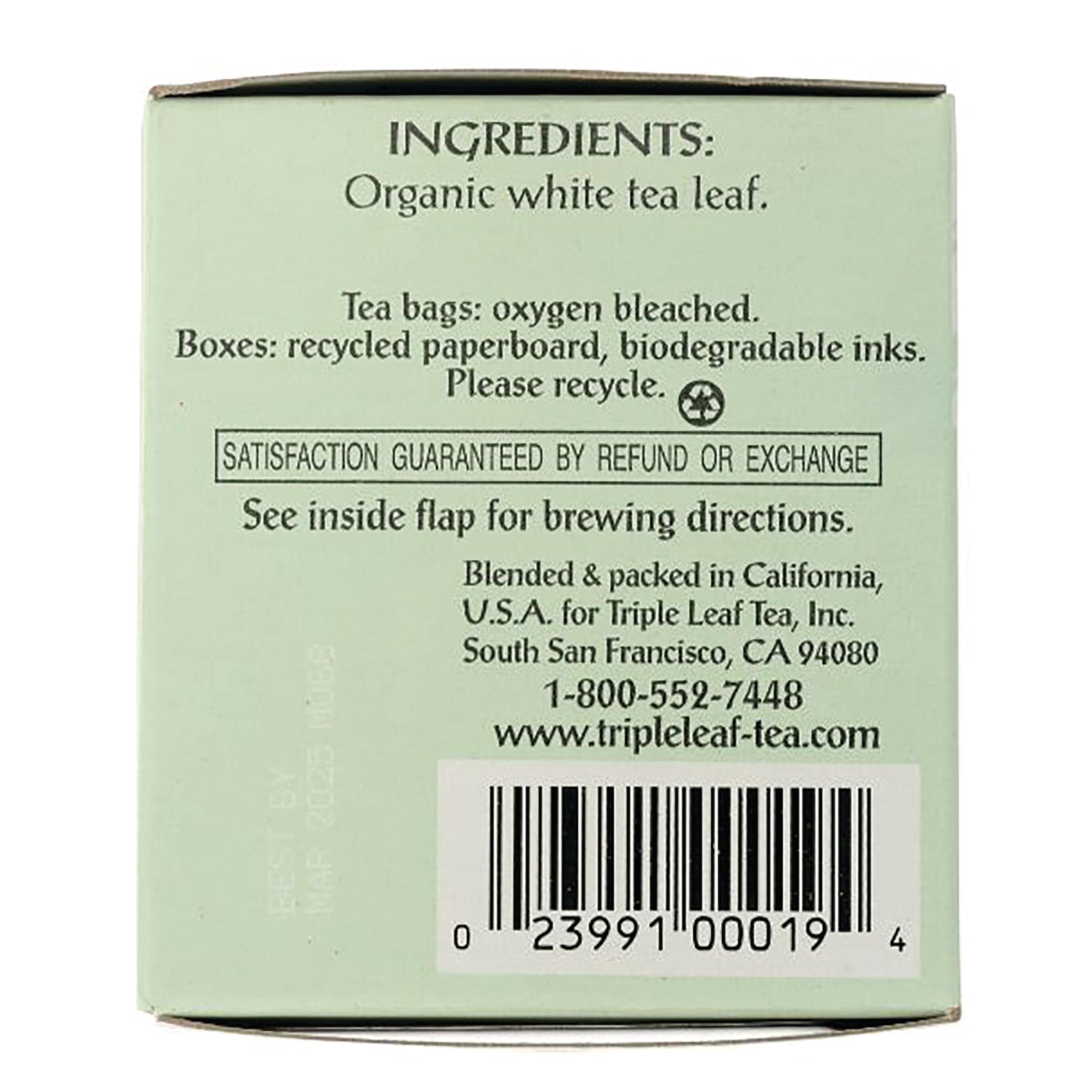 TLT007 | Back of Triple Leaf Tea box with ingredients: Organic white tea leaf, recycling info, barcode, contact details
