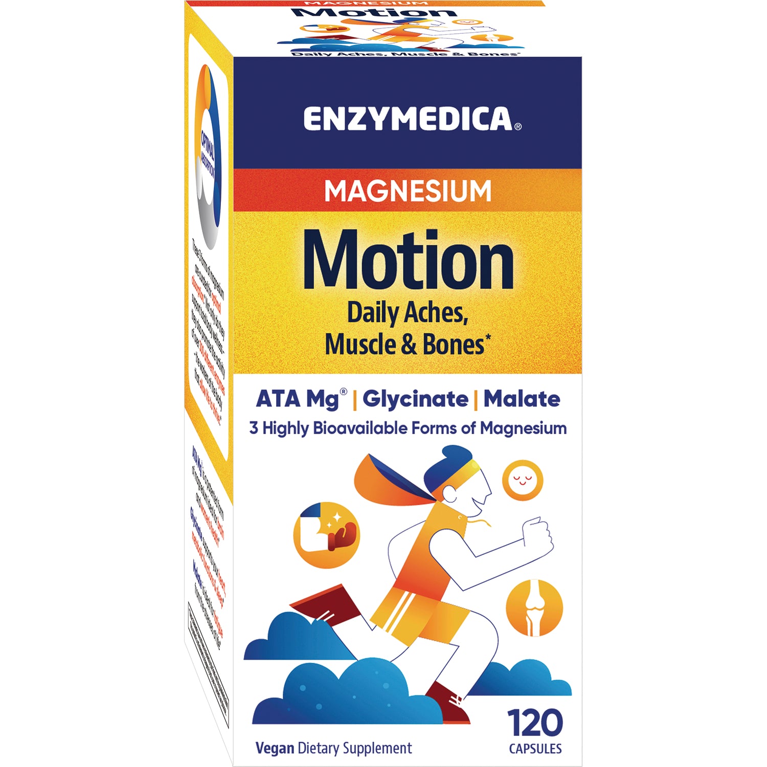 EMD096 | Enzymedica Magnesium Motion supplement box front showing 120 capsules and Daily Aches, Muscle & Bones messaging