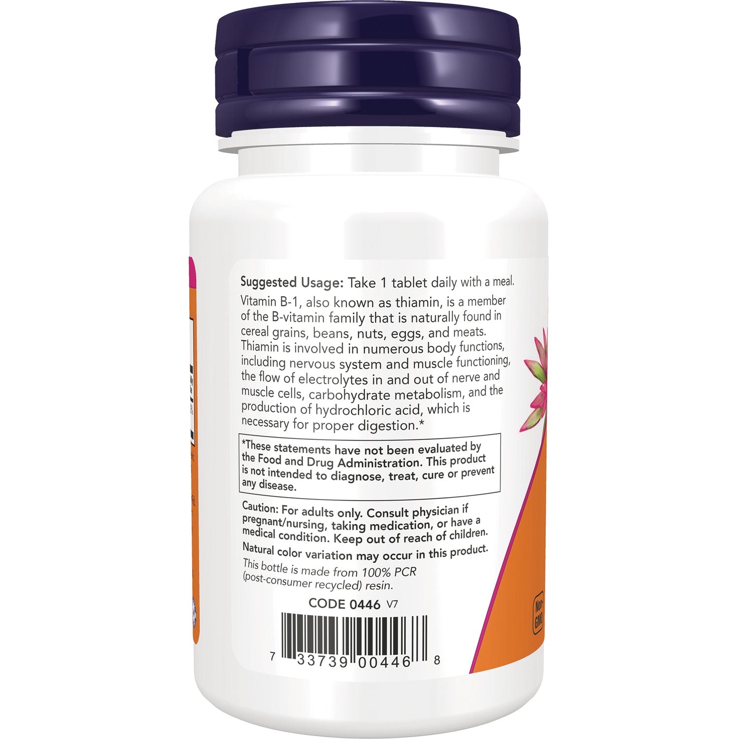 NWF793 | Back label of supplement bottle showing suggested usage Take 1 tablet daily, caution text and barcode
