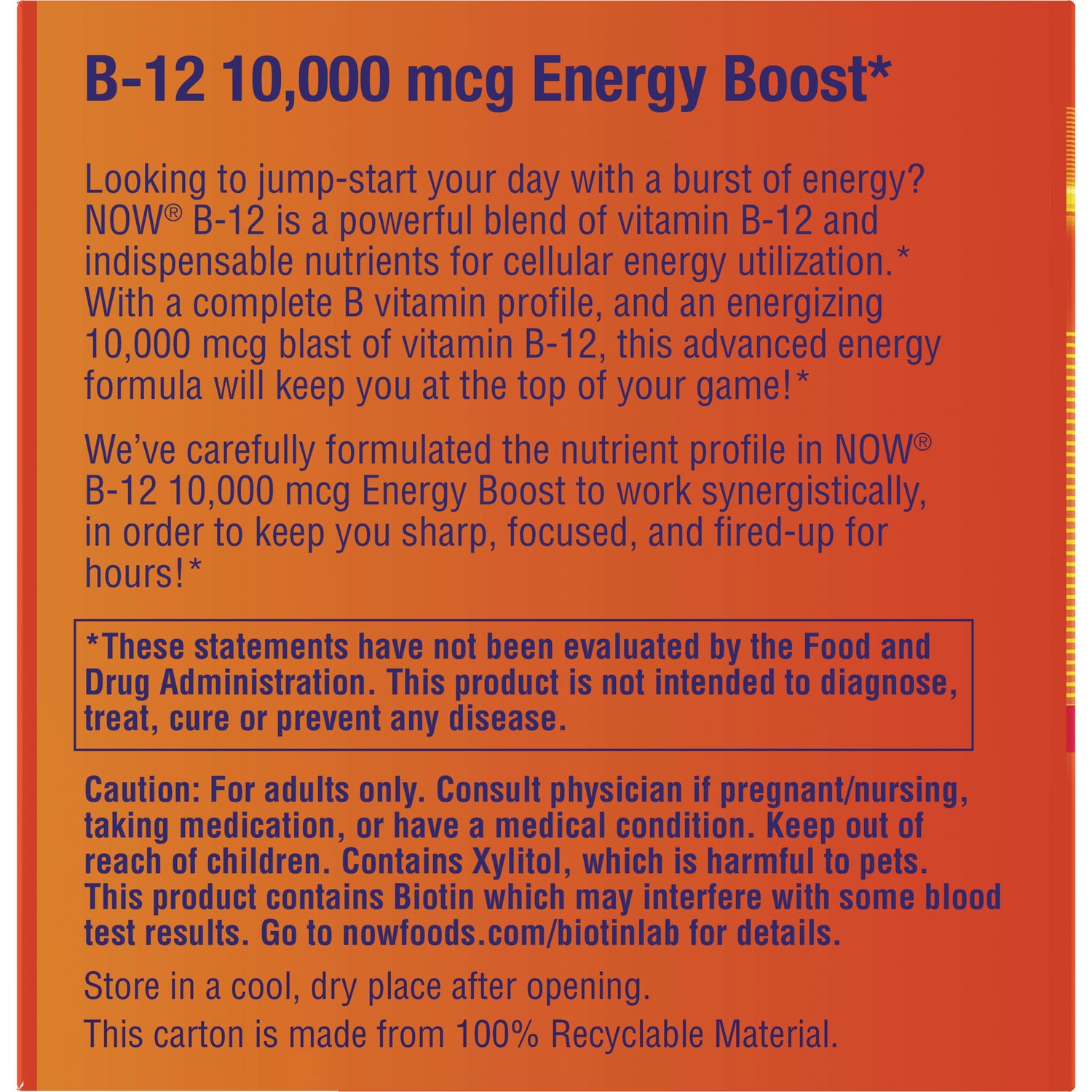 NWF394 | Back panel of orange B-12 supplement carton with product description, caution and FDA disclaimer