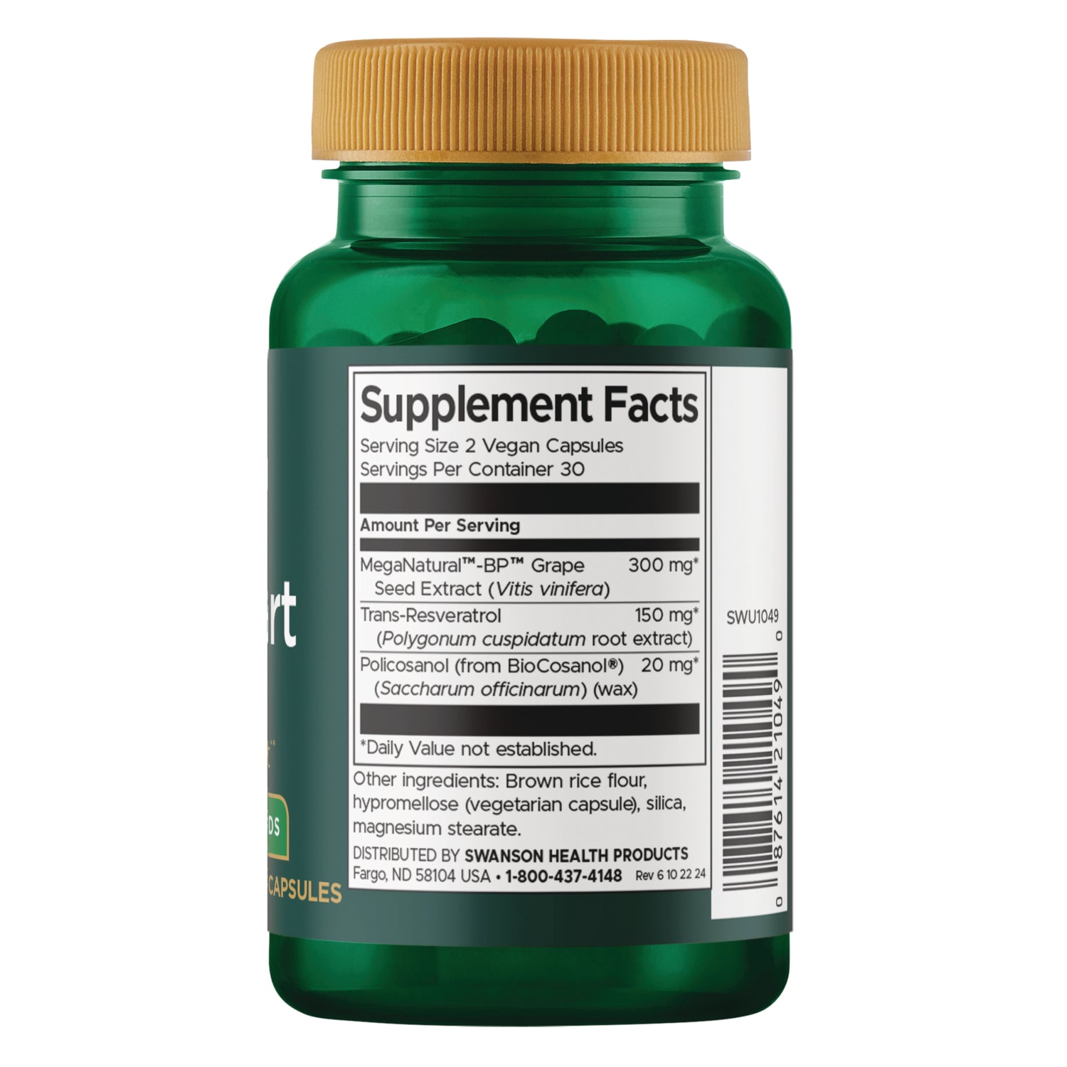 SWU1049 | Supplement Facts panel with grape seed extract 300 mg, policosanol 20 mg, trans-resveratrol 150 mg
