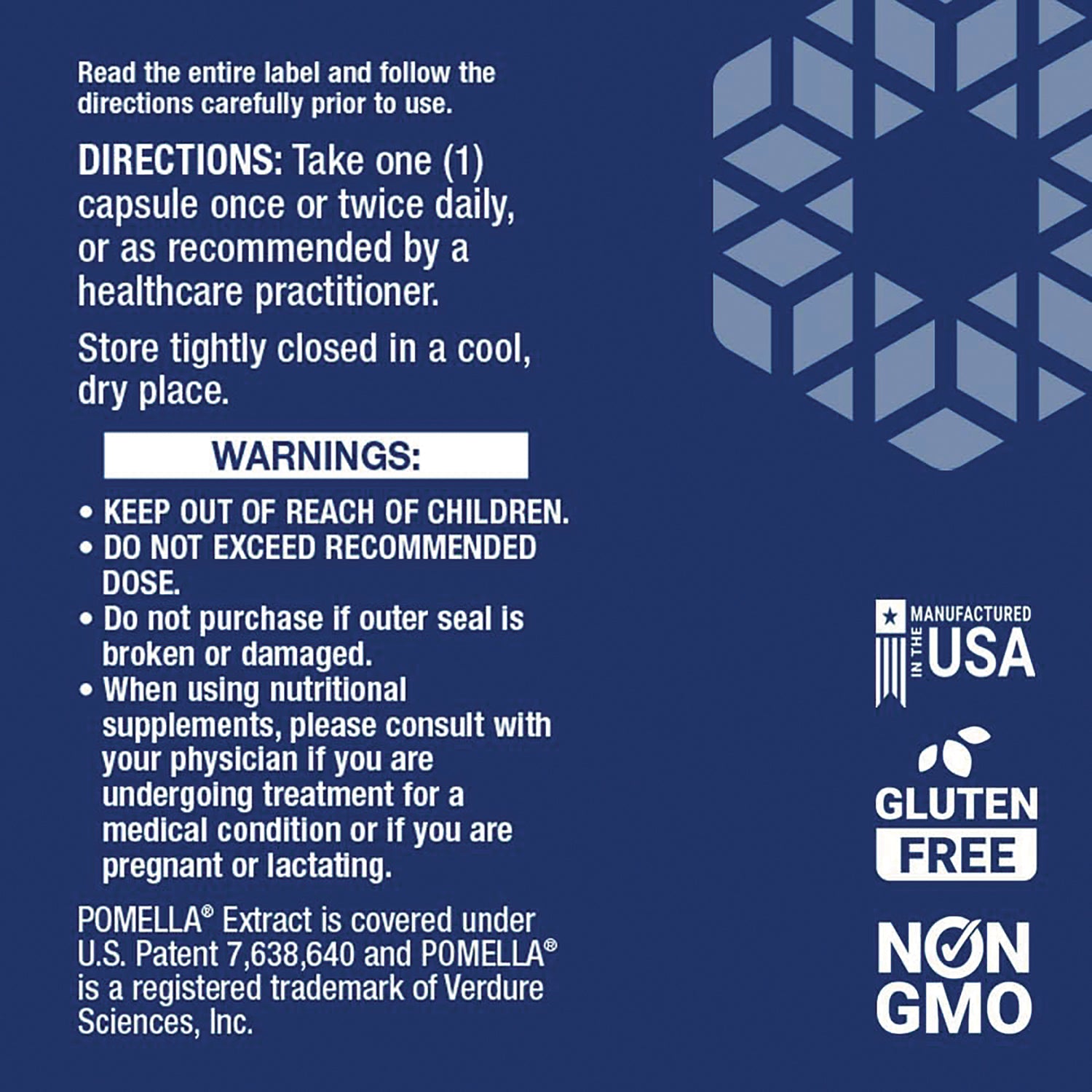 LE070 | Back label showing directions to take one capsule, warnings, and icons for Manufactured in the USA, gluten free, non GMO