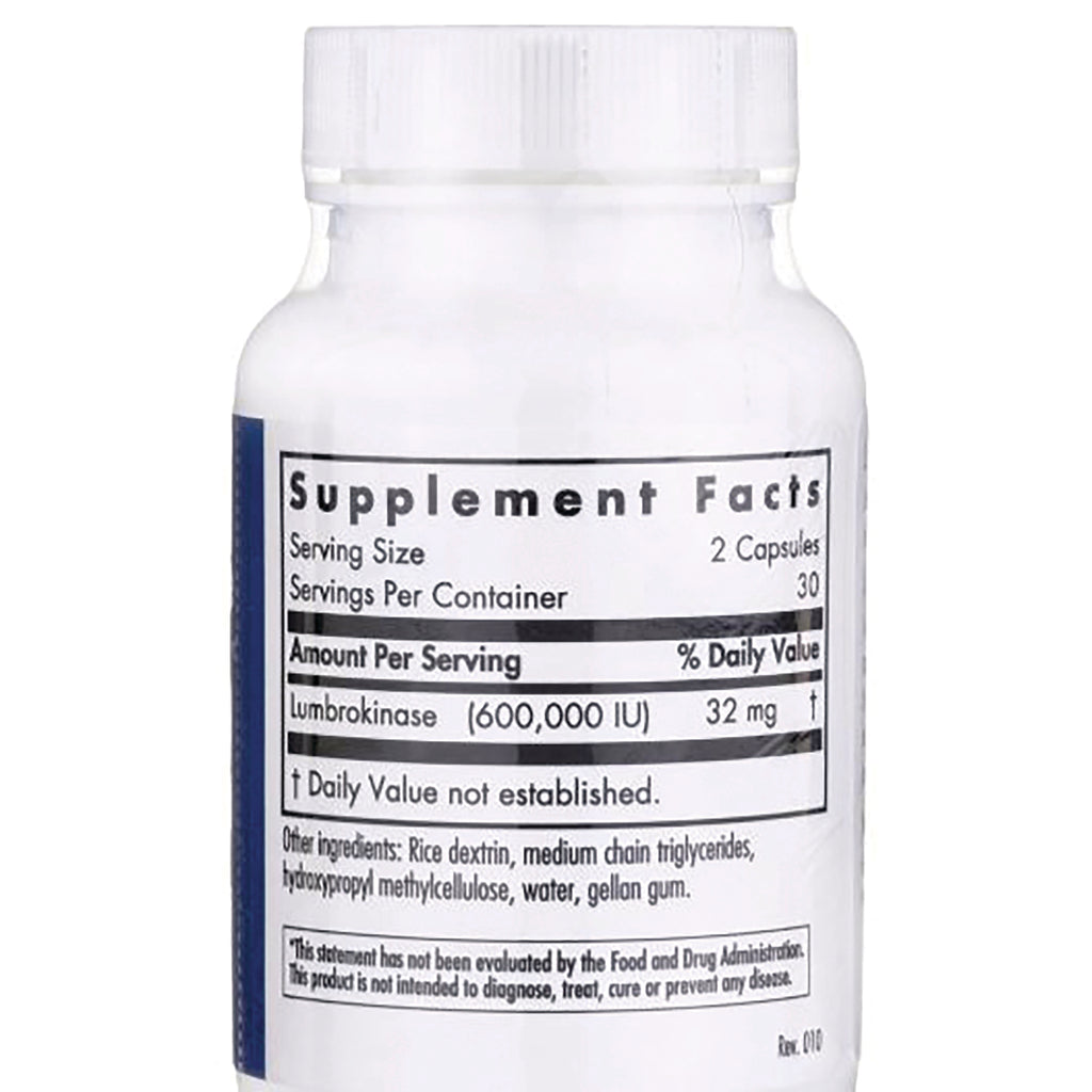ARG014 | back label showing Supplement Facts with serving size 2 capsules and lumbrokinase 600,000 IU (32 mg) - Thumbnail
