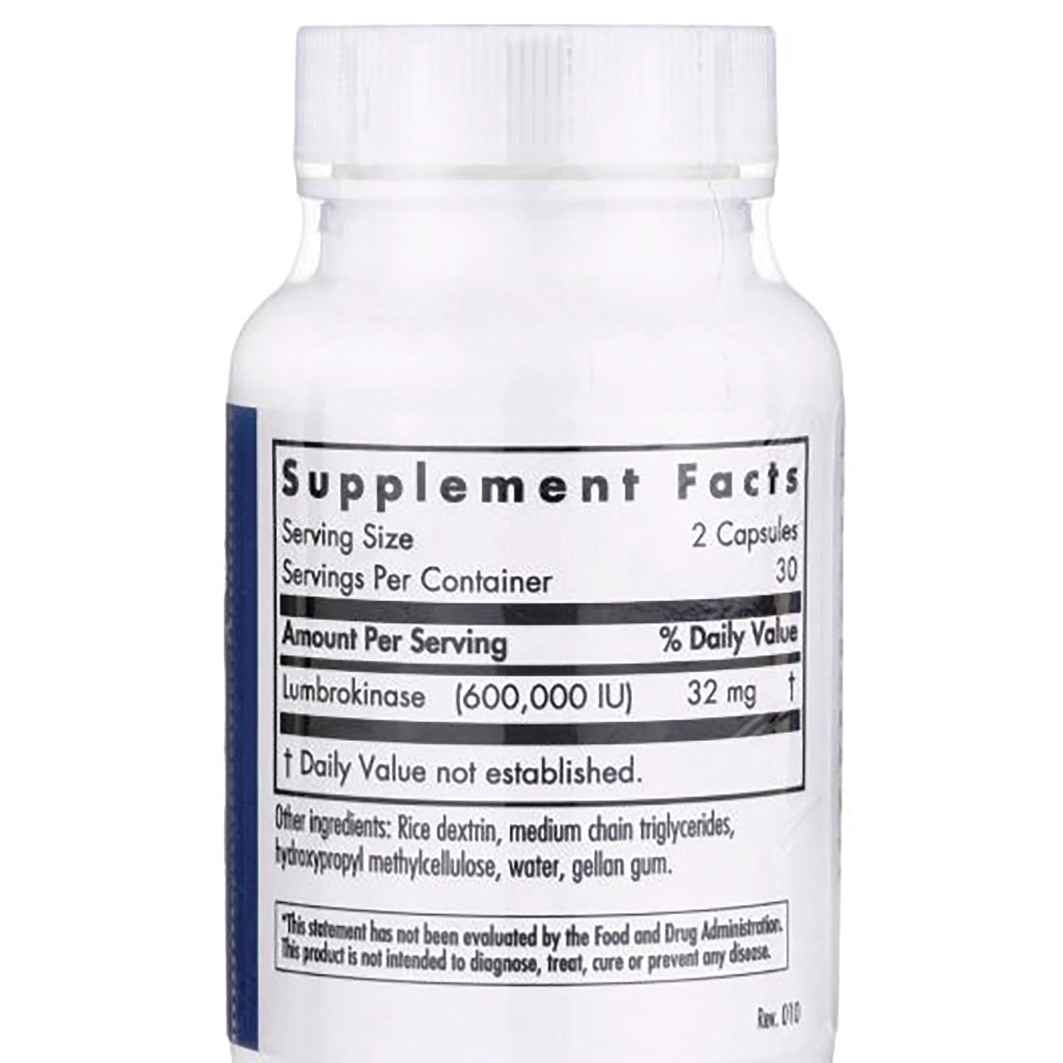 ARG014 | back label showing Supplement Facts with serving size 2 capsules and lumbrokinase 600,000 IU (32 mg)