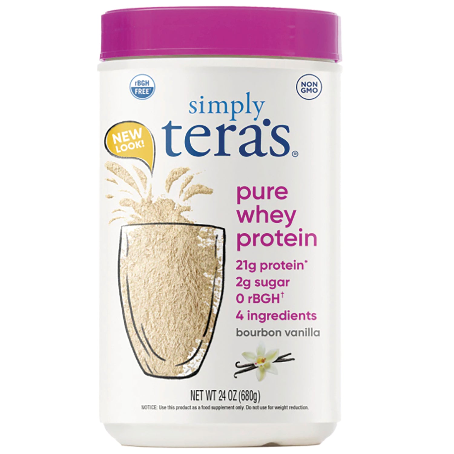 TER017 | Simply Tera's Pure Whey Protein, bourbon vanilla, 21g protein, 2g sugar, 0 rBGH, 24 oz canister