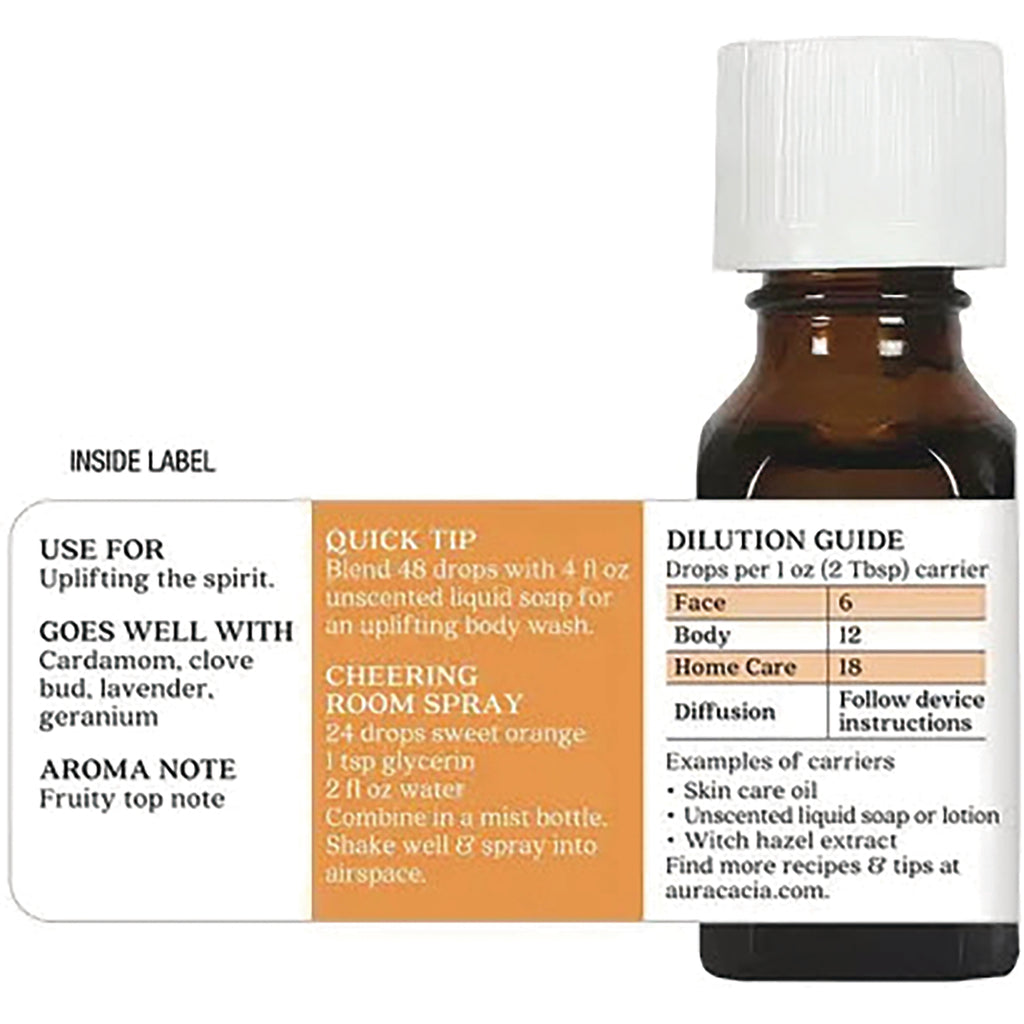 ARC007 | Back label showing dilution guide, use recommendations and quick tips beside an amber essential oil bottle - Thumbnail