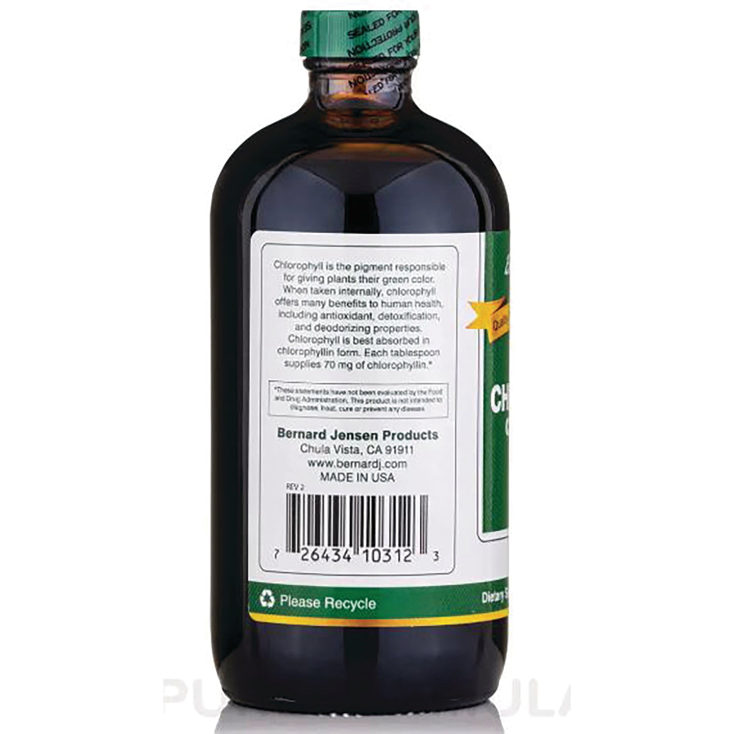 BJ017 | back label of brown glass bottle showing barcode, Bernard Jensen Products address and supplement information