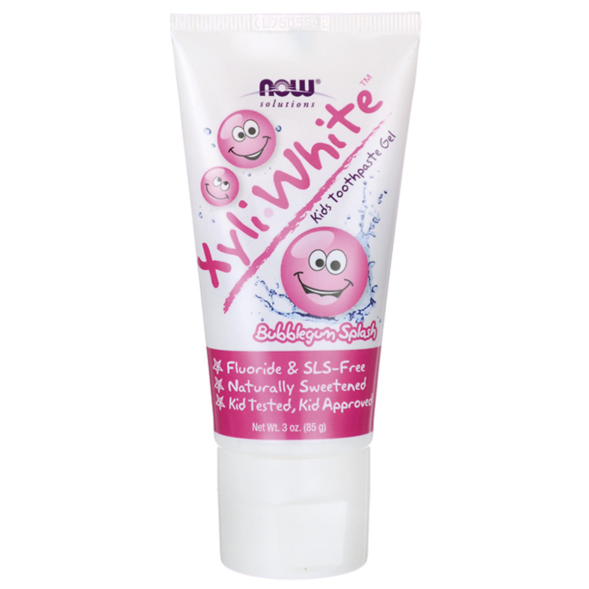 NWF1242 | NOW Solutions XyliWhite kids toothpaste gel Bubblegum Splash, front of white squeeze tube labeled Fluoride & SLS-Free