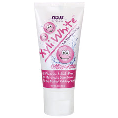 NWF1242 | NOW Solutions XyliWhite kids toothpaste gel Bubblegum Splash, front of white squeeze tube labeled Fluoride & SLS-Free