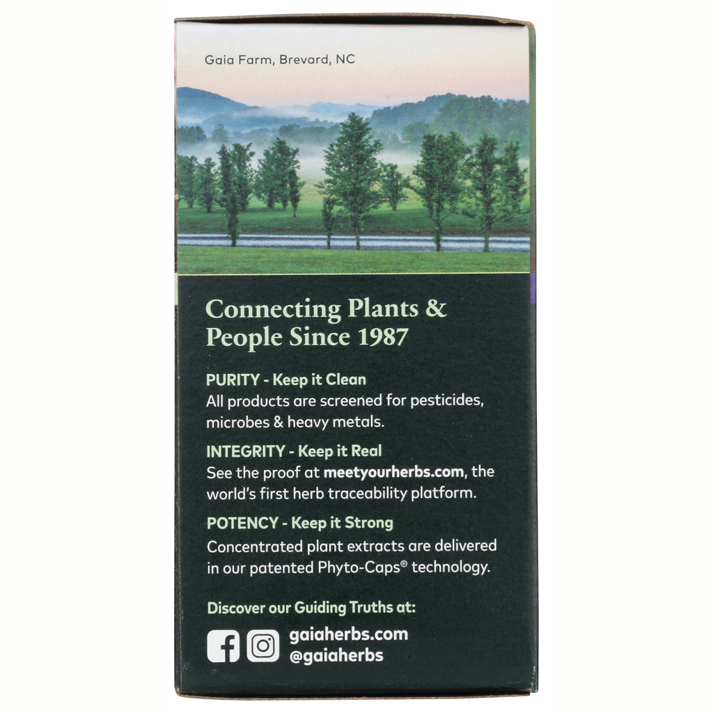 GH021 | Back of Gaia Herbs box stating Connecting Plants & People Since 1987 with Purity, Integrity, Potency claims and gaiaherbs.com - Thumbnail