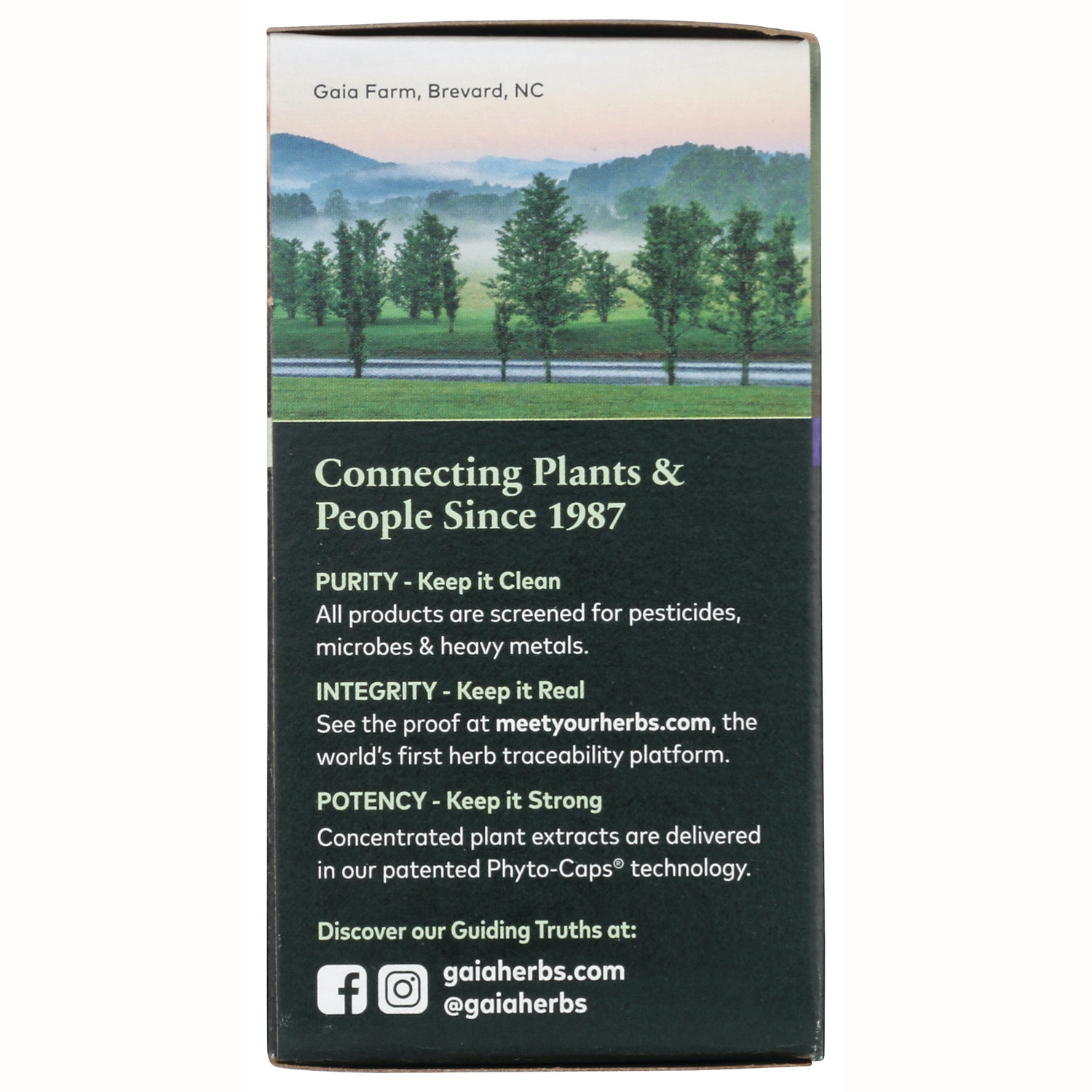 GH021 | Back of Gaia Herbs box stating Connecting Plants & People Since 1987 with Purity, Integrity, Potency claims and gaiaherbs.com