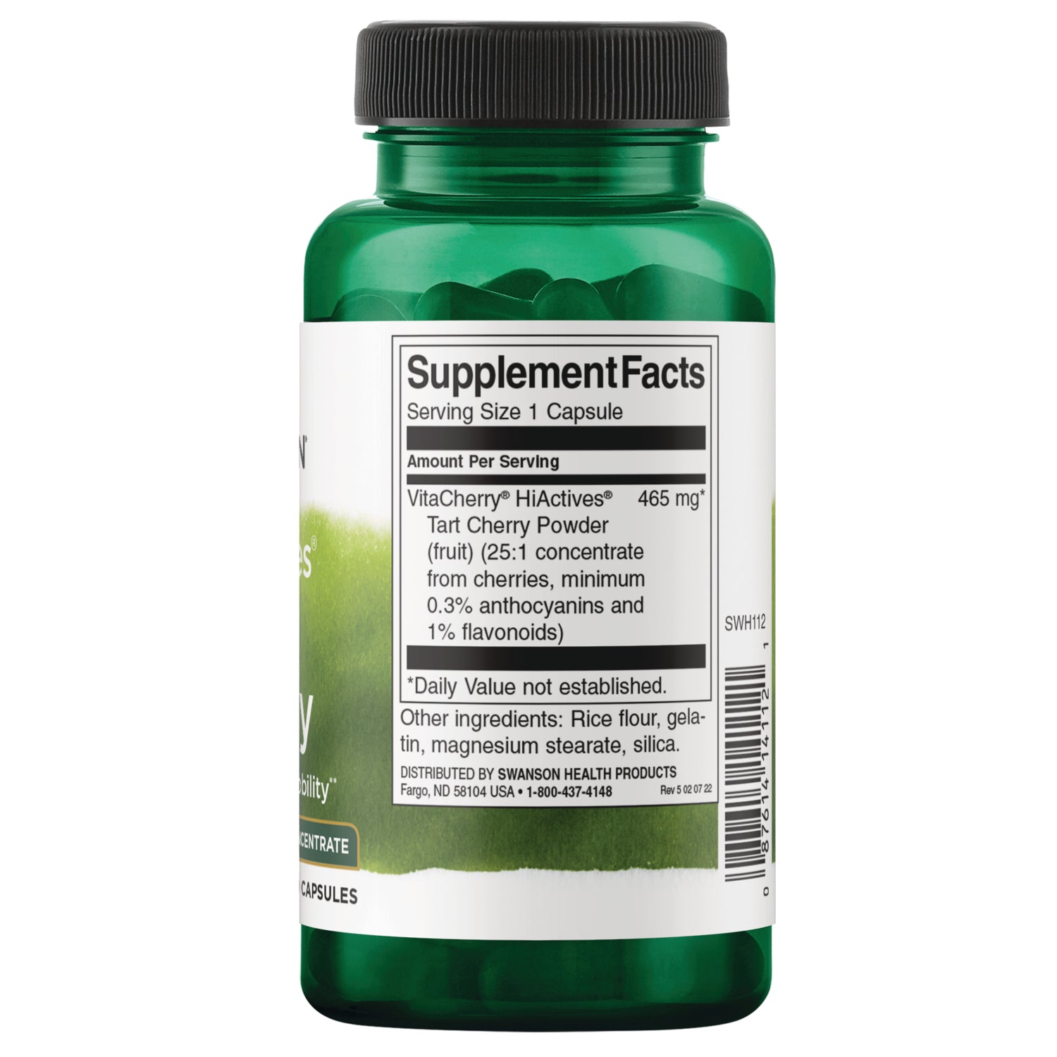 SWH112 | Back label with Supplement Facts: Serving Size 1 Capsule; VitaCherry HiActives tart cherry powder 465 mg