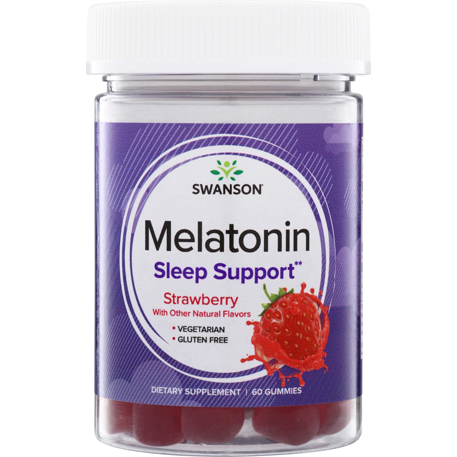SW1870 | Swanson Melatonin Sleep Support strawberry gummies, vegetarian and gluten free, 60 gummies