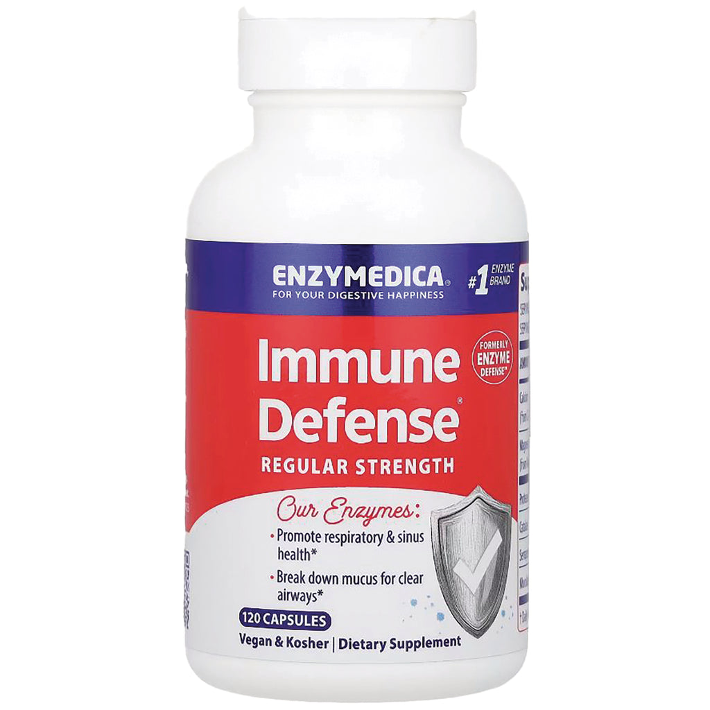 EMD027 | Enzymedica Immune Defense regular strength white bottle front showing label and shield icon, 120 capsules dietary supplement - Thumbnail