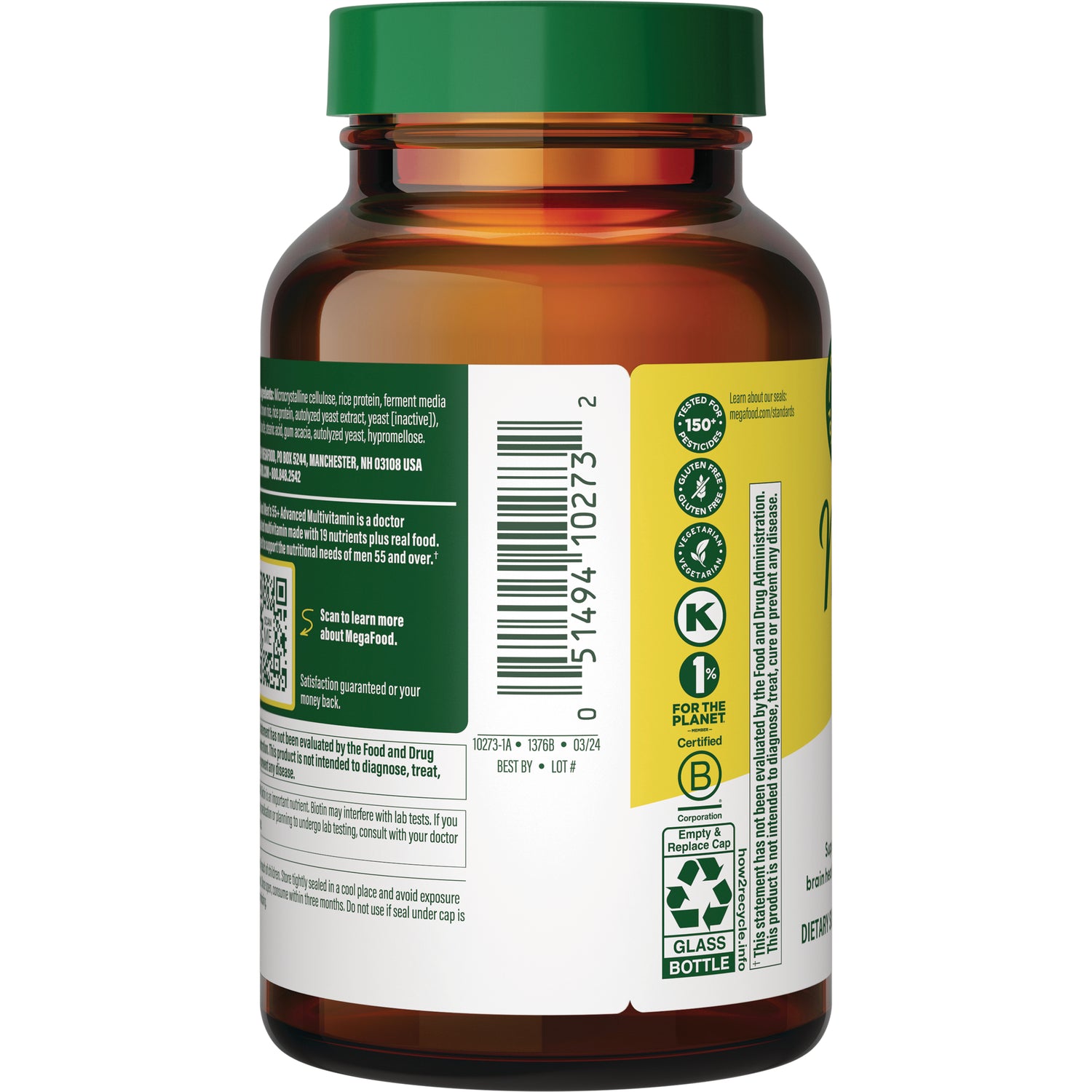 MGF034 | Back of amber glass supplement bottle showing barcode, certification icons, recycling and label text