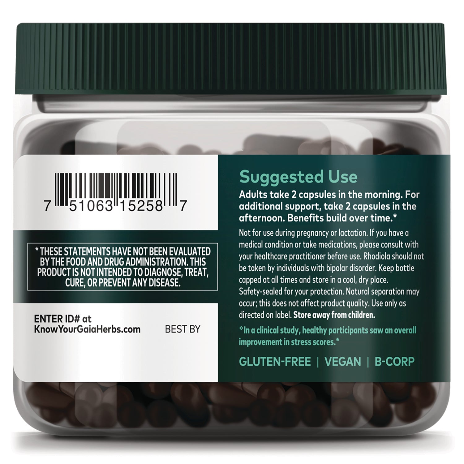 GH174 | back label showing suggested use directions, barcode, warnings, and gluten-free vegan B-Corp badges