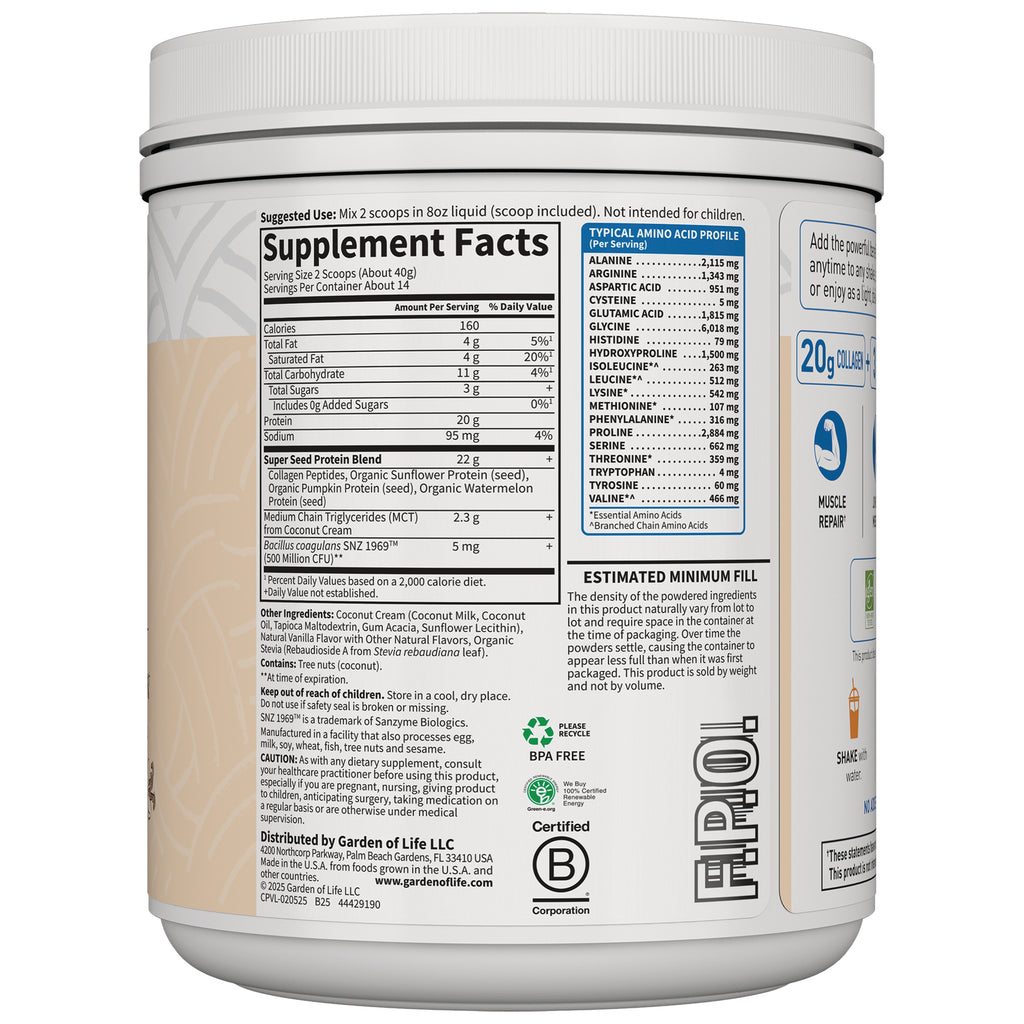 GLF310 | back label showing Supplement Facts panel, amino acid profile, ingredients and estimated minimum fill on white tub - Thumbnail