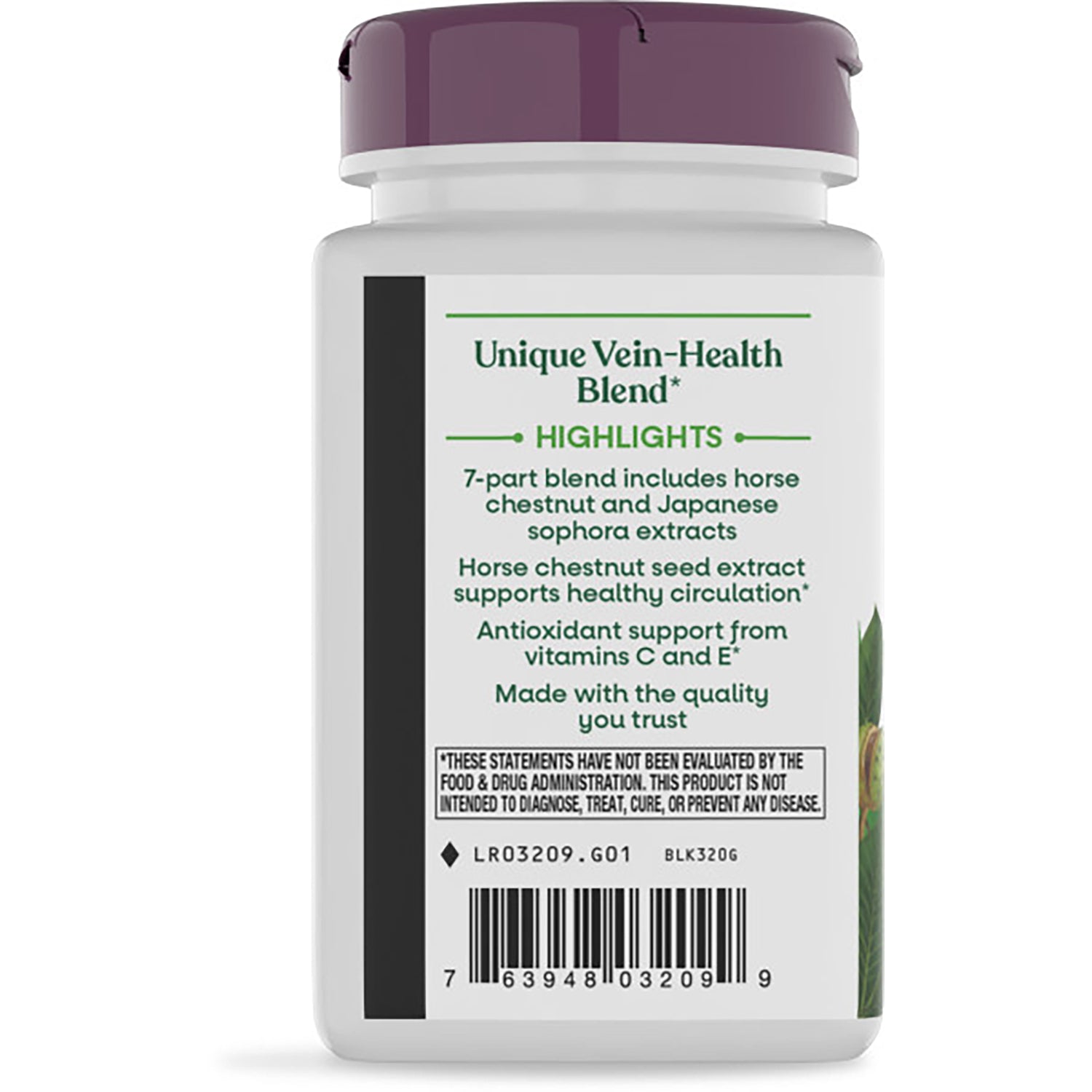 ET423 | Back of white supplement bottle showing Unique Vein-Health Blend highlights, ingredient claims and barcode