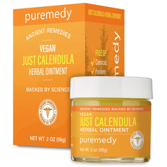 PRD008 | Jar and box of Puremedy vegan Just Calendula herbal ointment, 2 oz