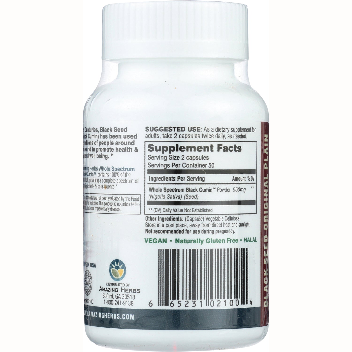 AZH001 | Back of white supplement bottle showing Supplement Facts panel, ingredients, barcode and vegan label