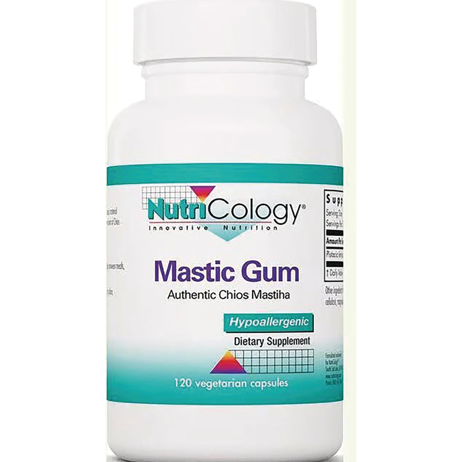NCL038 | White bottle of NutriCology Mastic Gum dietary supplement, hypoallergenic, 120 vegetarian capsules