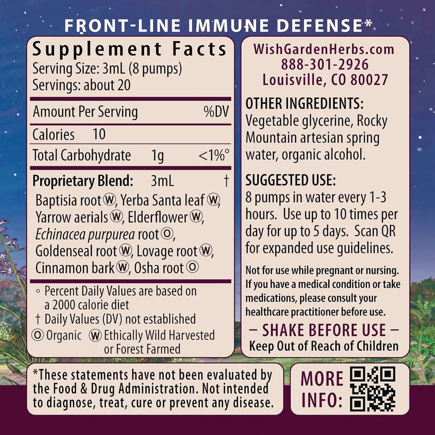 WGH003 | Back label: Supplement Facts, ingredients, suggested use, Front-Line Immune Defense text, QR code