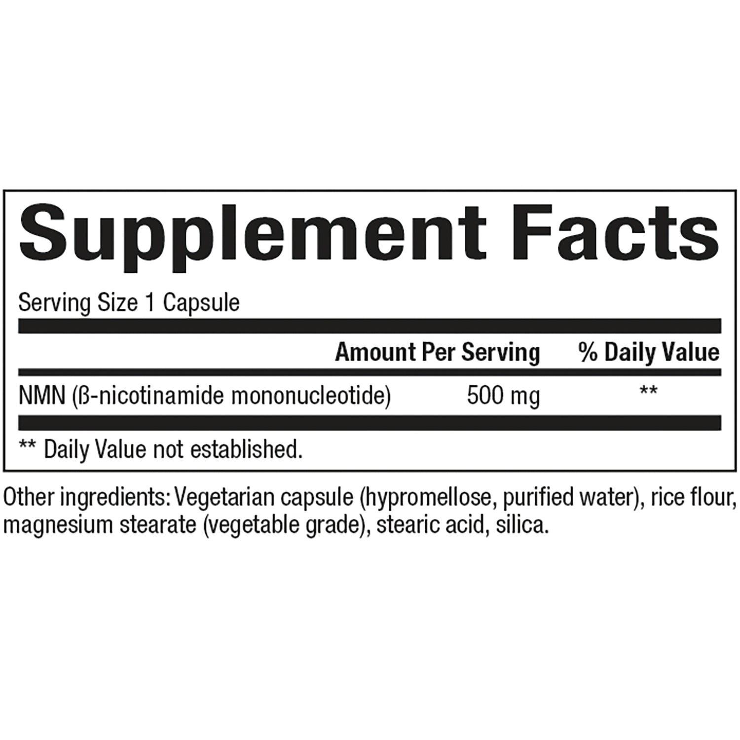 NFC219 | Supplement Facts panel: Serving Size 1 Capsule; NMN (-nicotinamide mononucleotide) 500 mg; other ingredients listed
