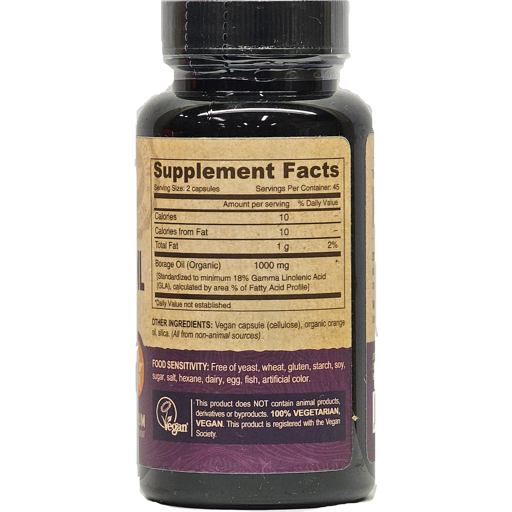 DEV012 | back label with Supplement Facts showing serving size 2 capsules, Borage Oil 1000 mg, and vegan statement - Thumbnail