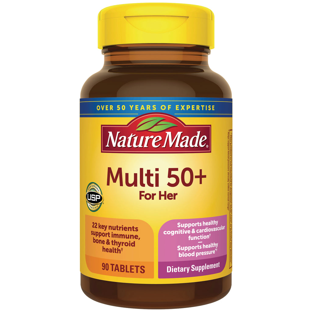 NTM181 | Nature Made Multi 50+ For Her yellow bottle showing front label 90 tablets dietary supplement - Thumbnail