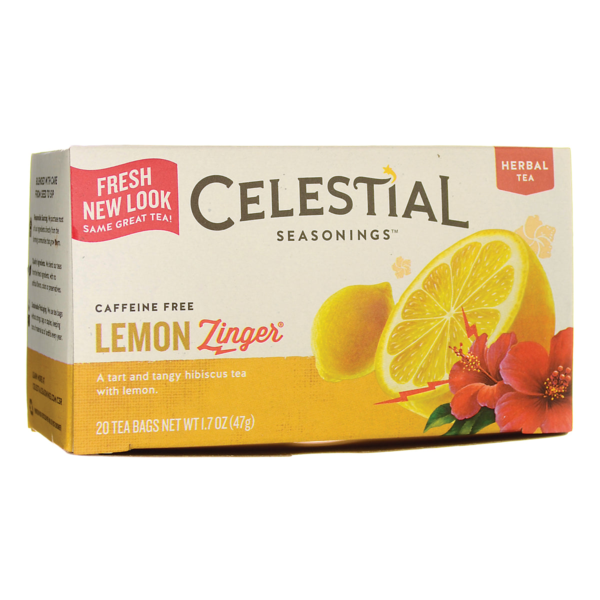 CEL021 | Celestial Seasonings LEMON Zinger tea box front with lemon slice, hibiscus flower and Caffeine Free label