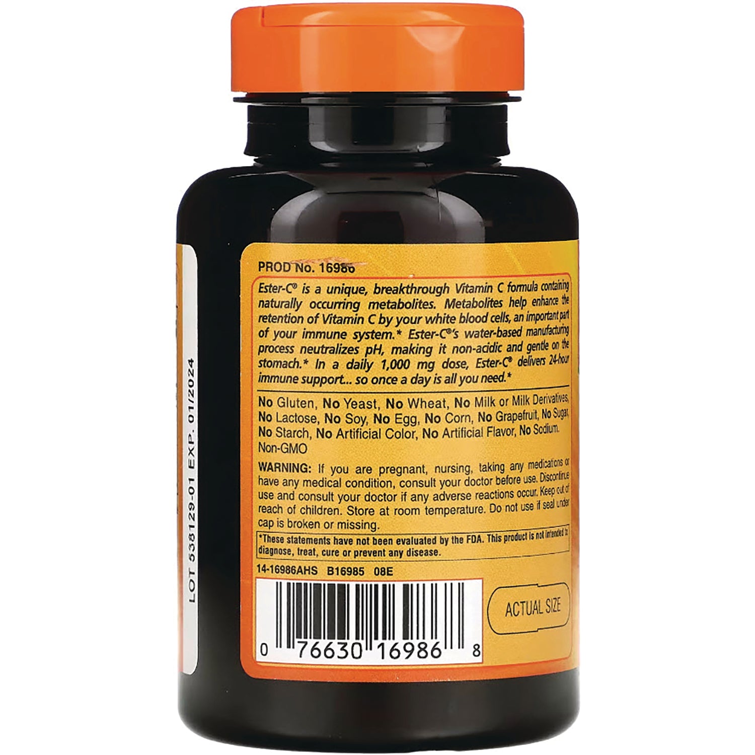 AM114 | Back label of brown supplement bottle showing ingredient and warning text, barcode and 'ACTUAL SIZE'
